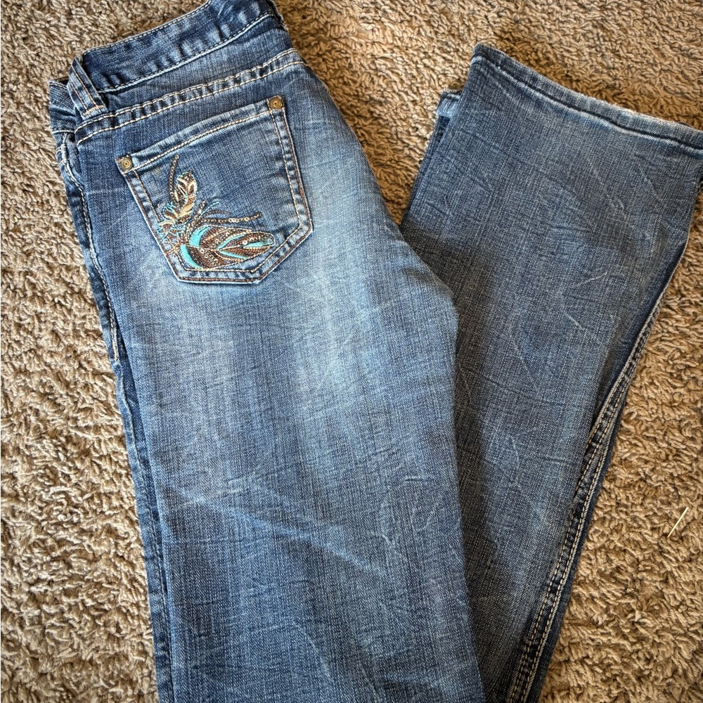 Rock & Roll Cowgirl Blue Boot Cut Jeans with Decorative Stitching